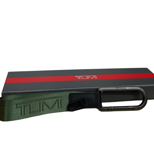 Tumi Green Carabiner Keychain For Men Metal Fabric Leather Logo Accent