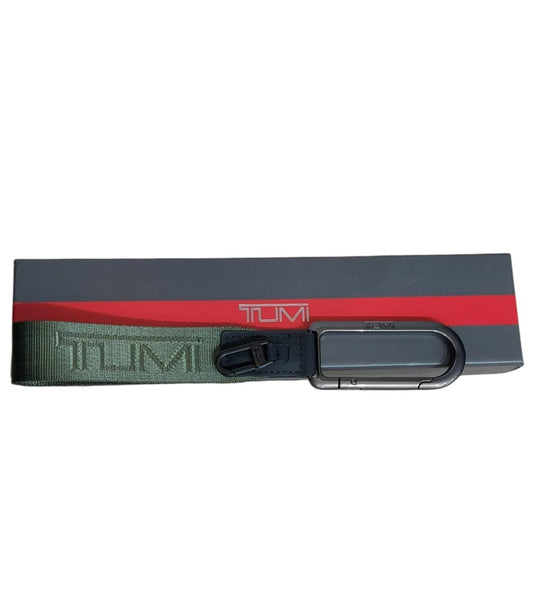Tumi Green Carabiner Keychain For Men Metal Fabric Leather Logo Accent